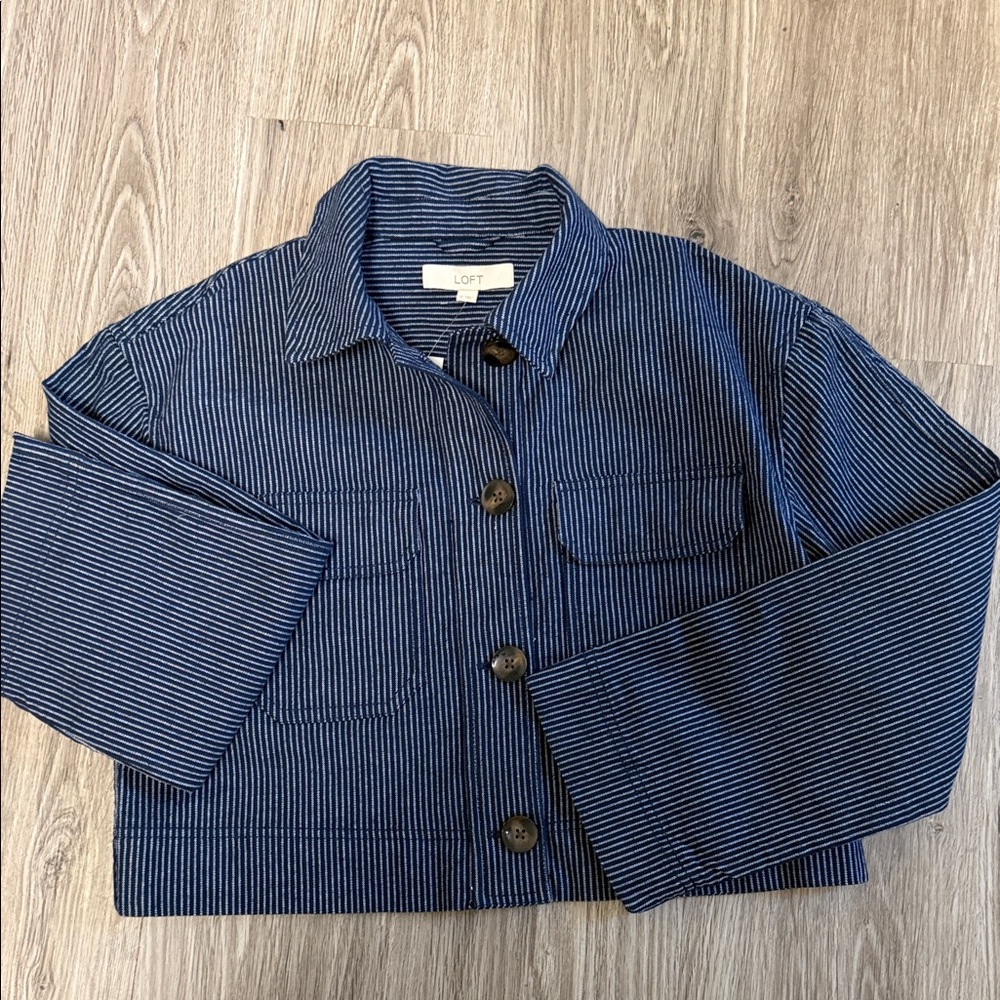 LOFT Navy and White Striped Jean Jacket